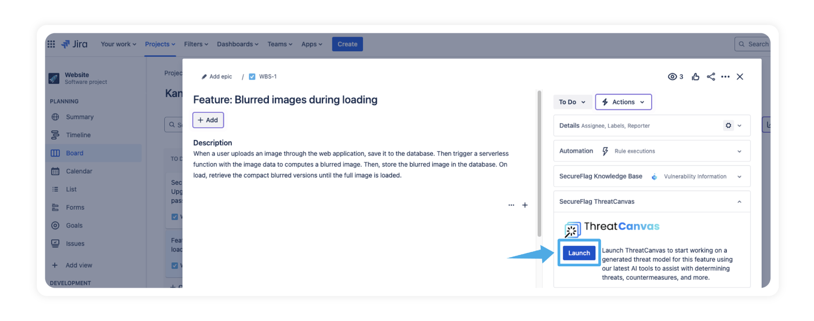 Screenshot of launching ThreatCanvas from Jira