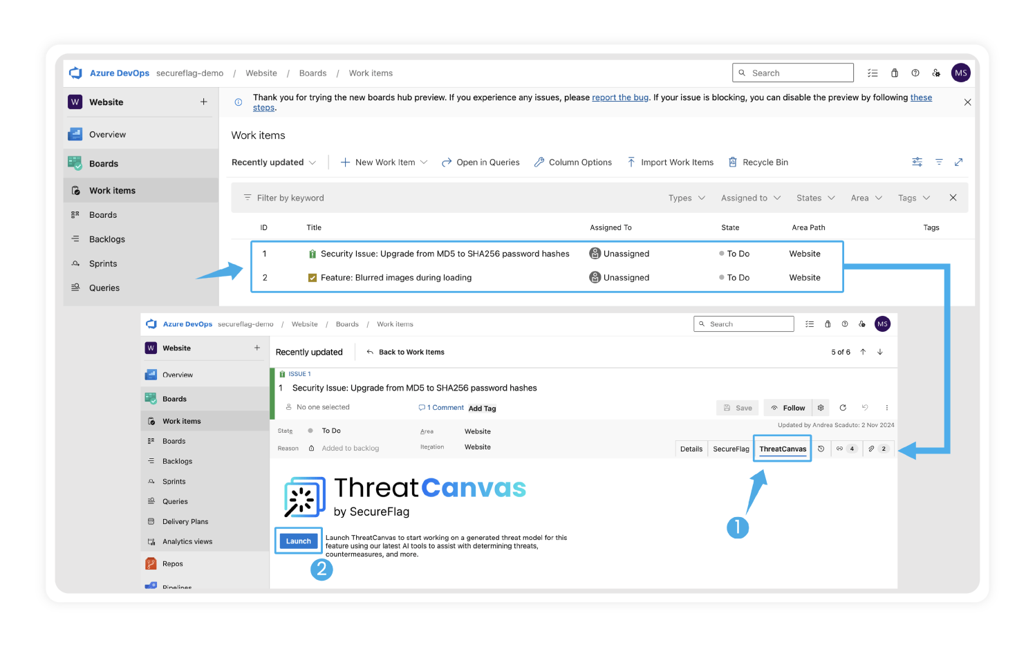 Screenshot of launching ThreatCanvas from Azure DevOps