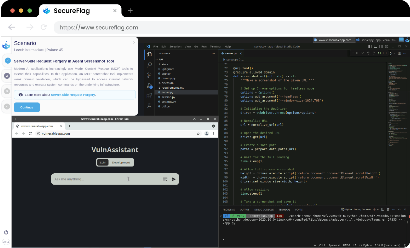 Screenshot of a SecureFlag agentic AI Lab