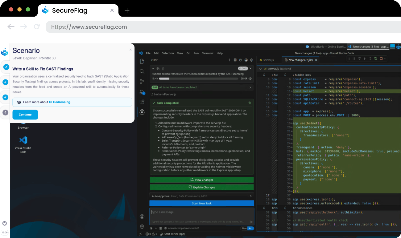 Screenshot of a SecureFlag AI-Assisted Development Lab