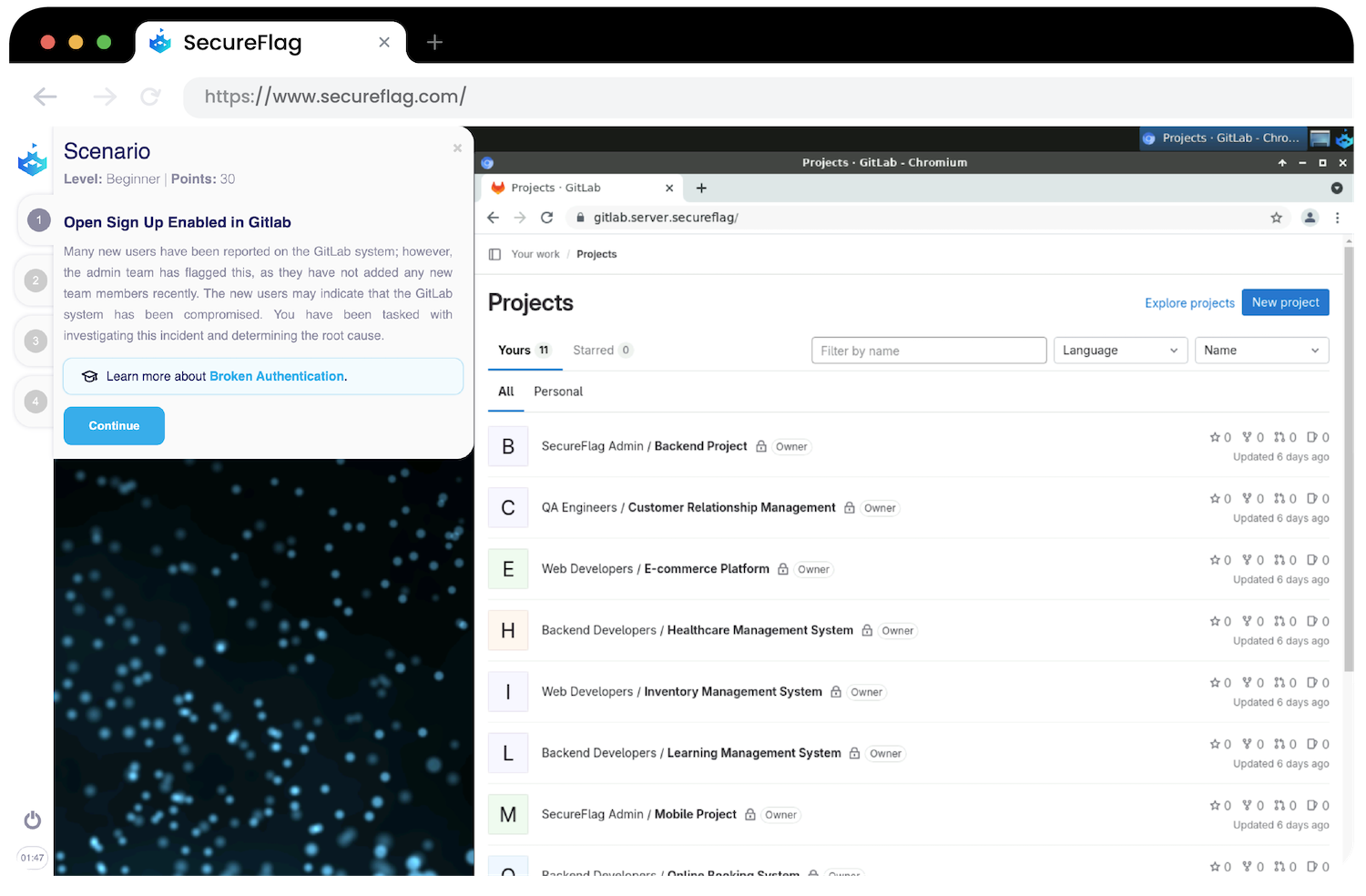 SecureFlag vitual Lab showing a virtualized GitLab deployment for training with