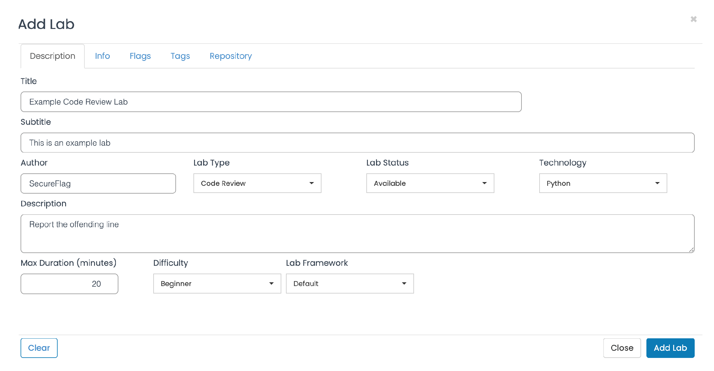 Screenshot of Custom Lab setup