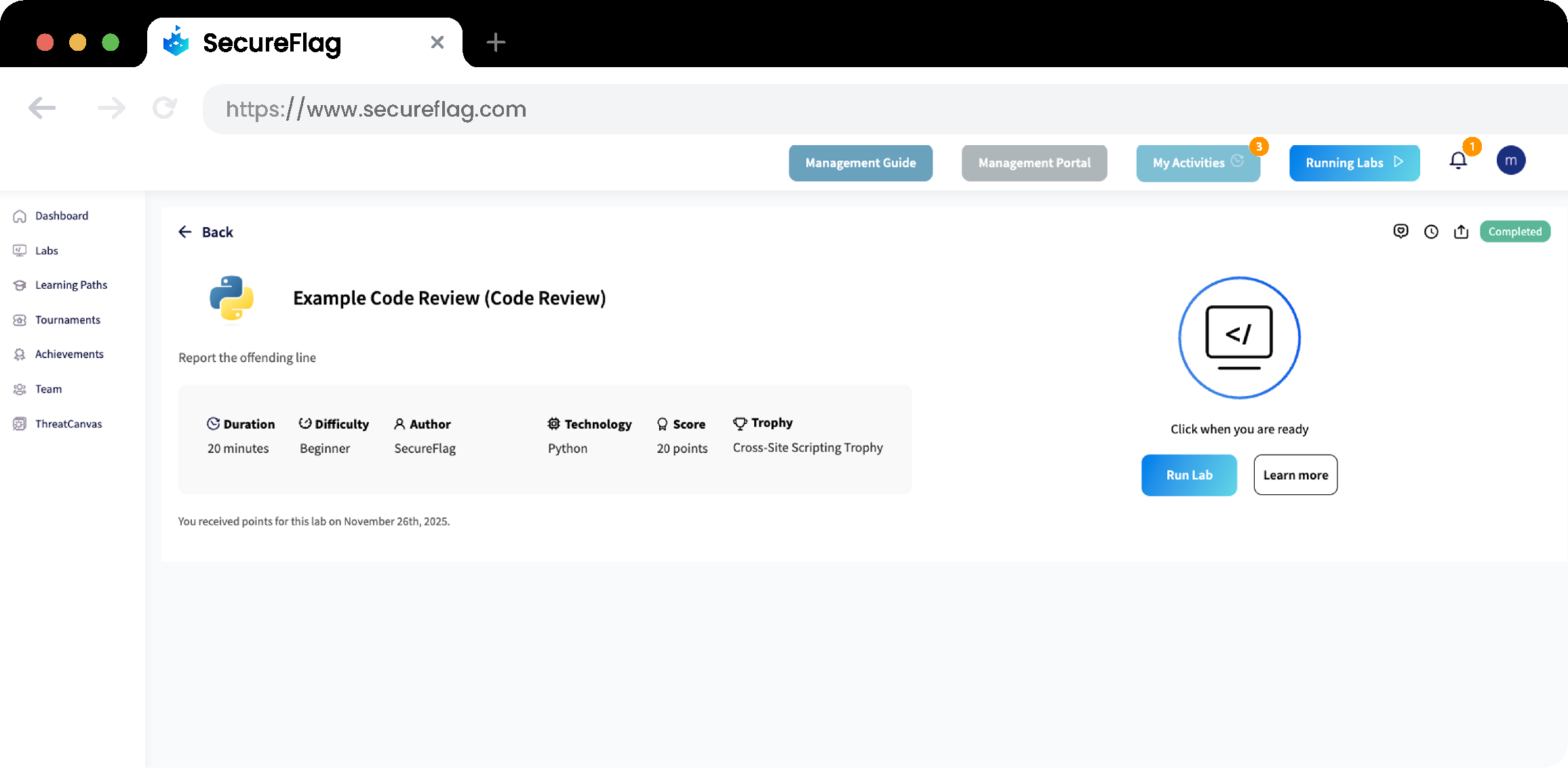 Screenshot of Custom Lab