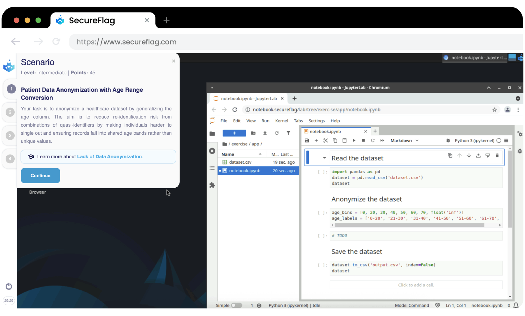 Screenshot of a SecureFlag data security lab