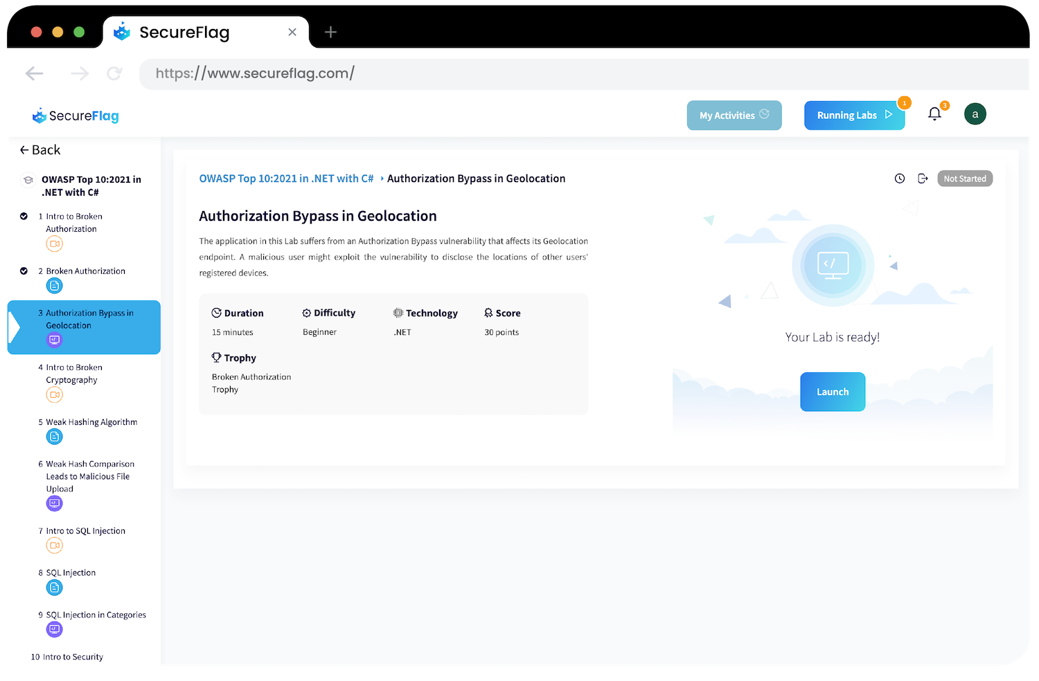 An image of a SecureFlag Learning Path that focuses on addressing OWASP Top 10 in C#