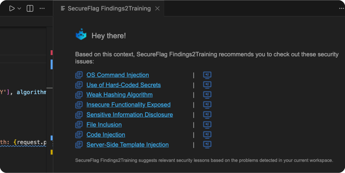 Screenshot of Findings2Training results