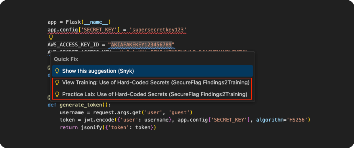 Screenshot of Quick Fix options in Findings2Training
