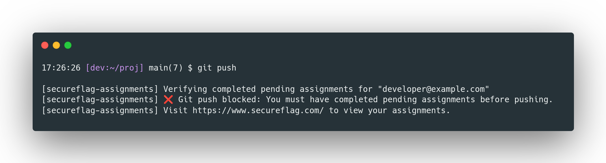 Screenshot of SecureFlag Git hook assignment message