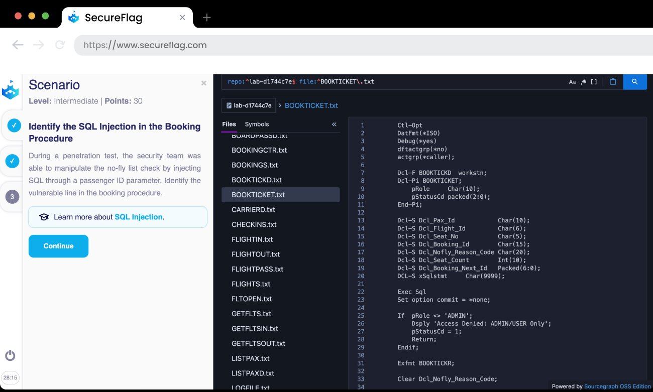 Screenshot of a SecureFlag IBM i RPG Lab