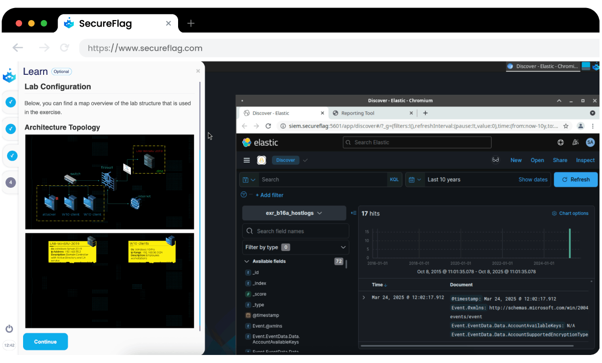 Screenshot of a SecureFlag Kerberos delegation lab
