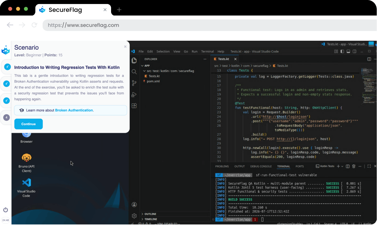 Screenshot of a SecureFlag Kotlin QA Lab