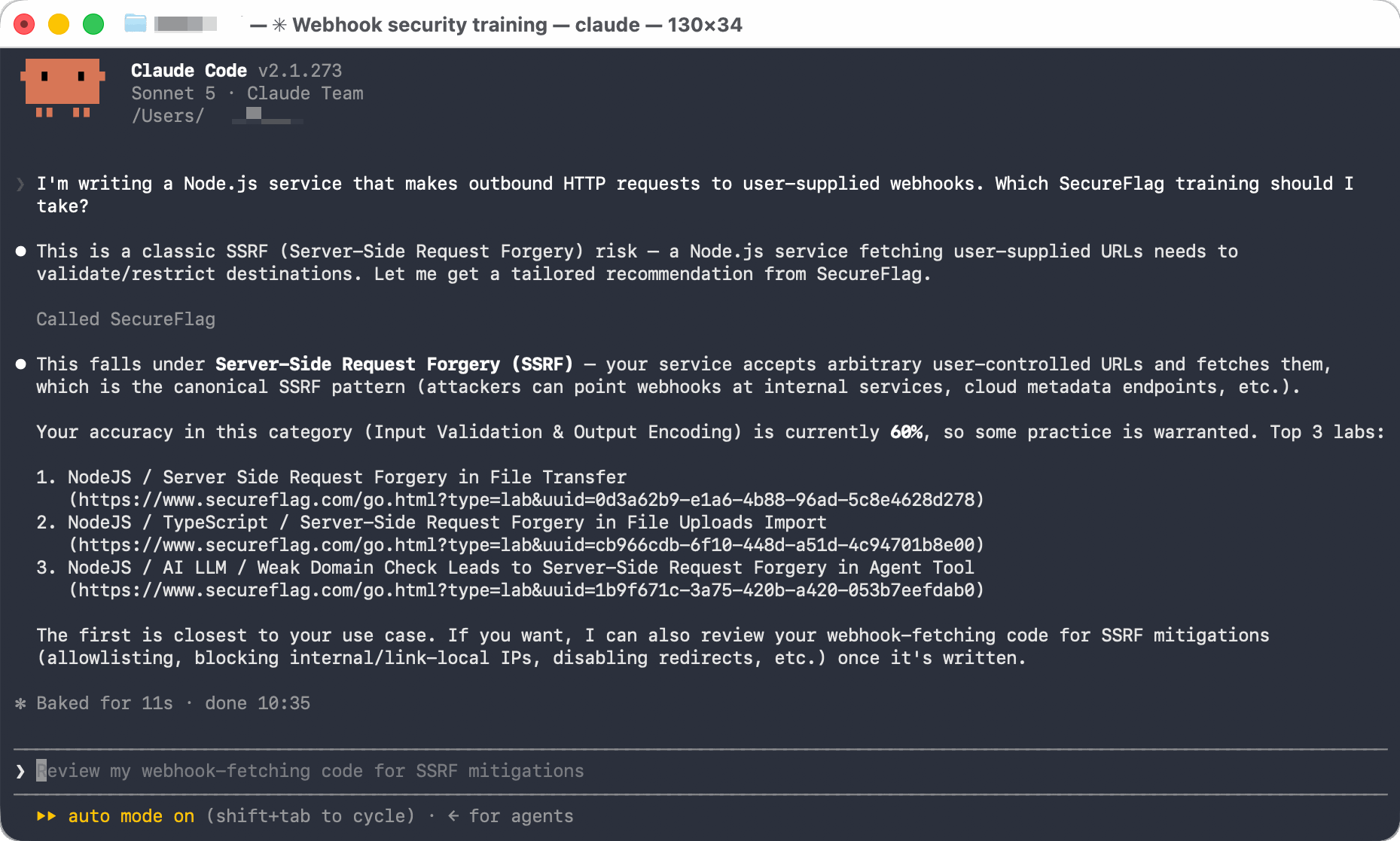Screenshot of SecureFlag MCP Server matching training