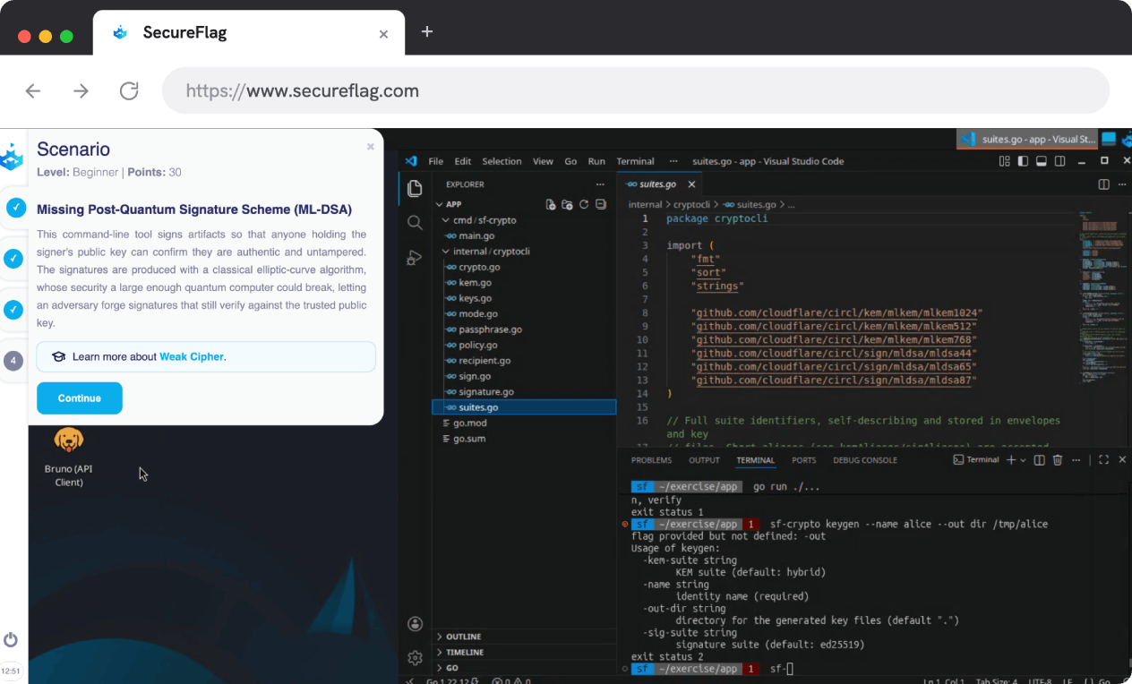 Screenshot of a SecureFlag Post-Quantum Cryptography Lab