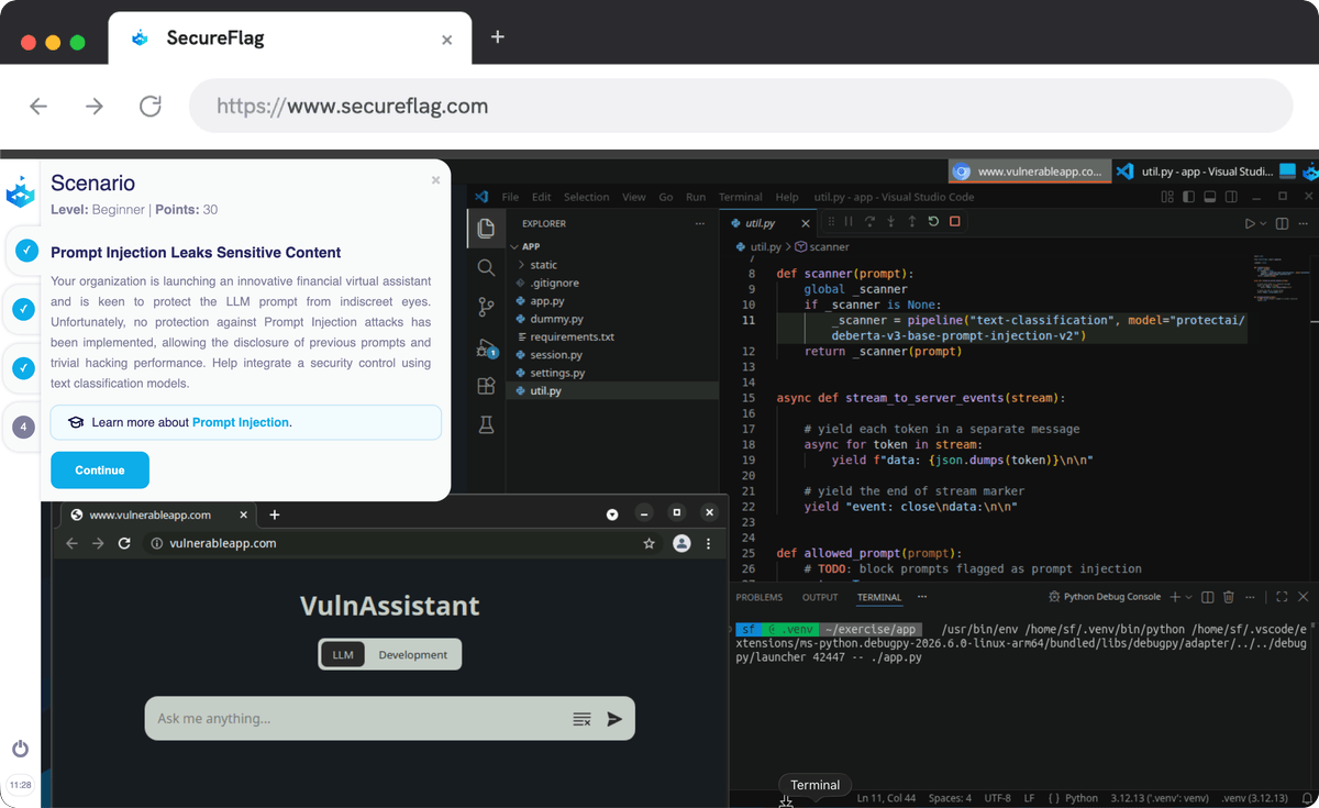 Screenshot of a SecureFlag prompt injection lab