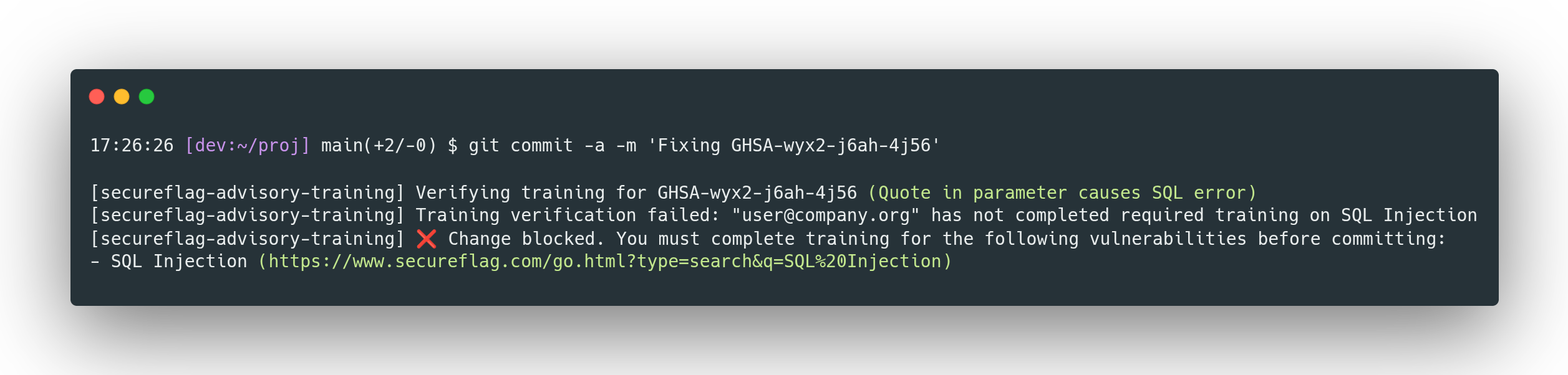 Screenshot of SecureFlag Git hook message