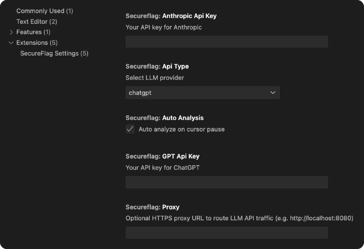 Screenshot of SecureFlag Analyzer settings