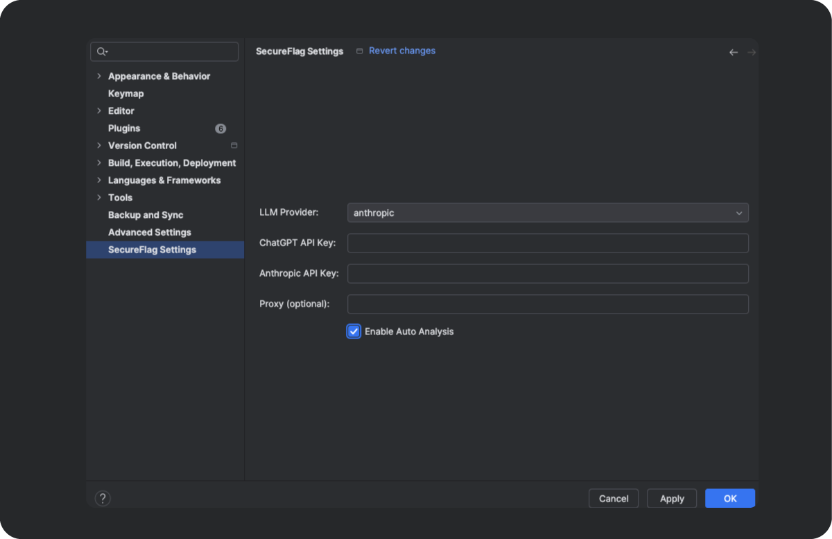 Screenshot of a SecureFlag Analyzer setup in IntelliJ